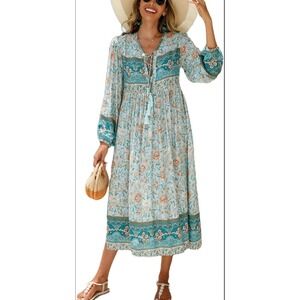 R. Vivimos Boho Floral Maxi Dress‎ Long Sleeve V Neck Tie Tassel Empire Waist